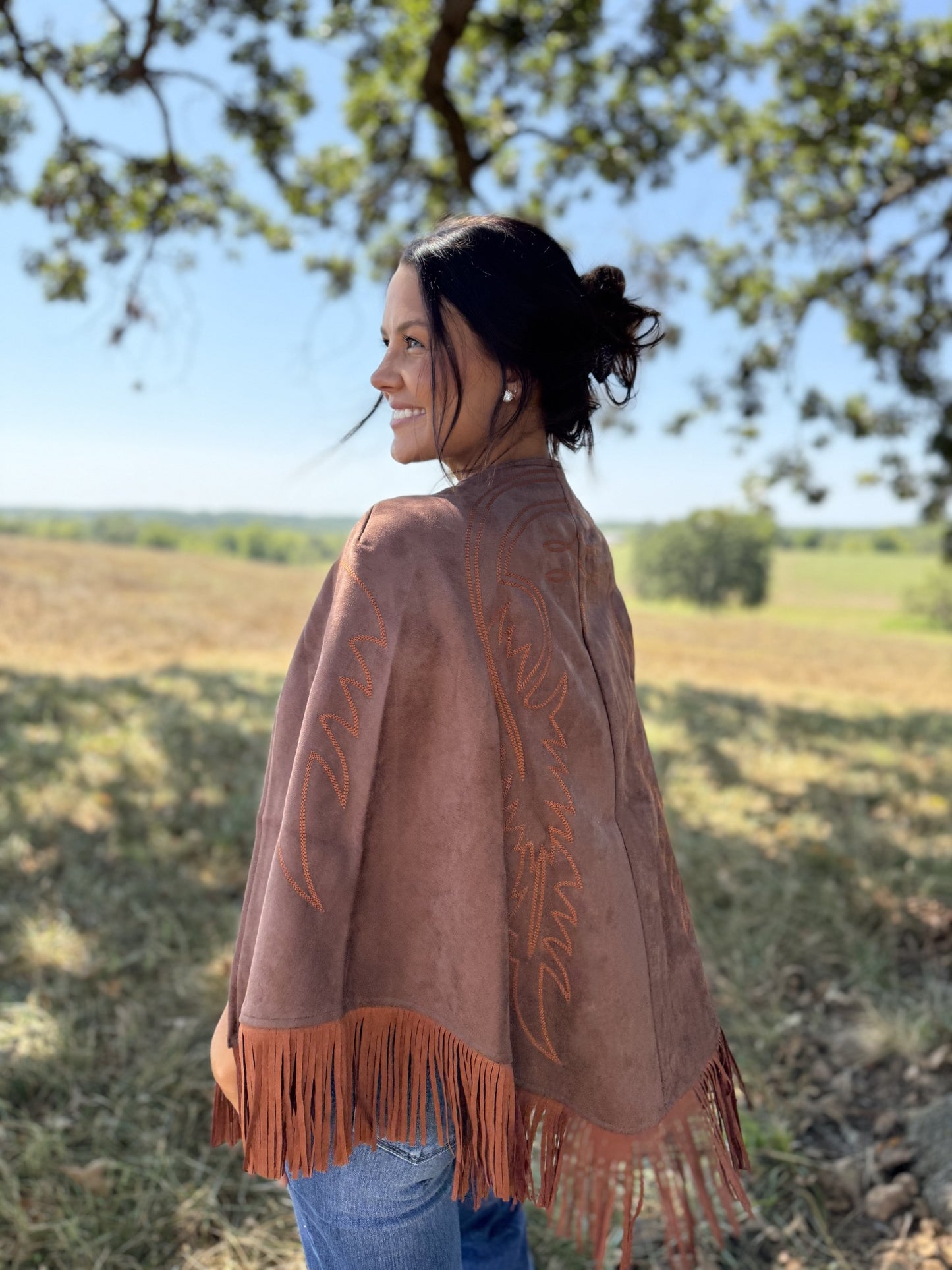 Brown Suede Boot Stitch Embroidered Fringe Suede Cape