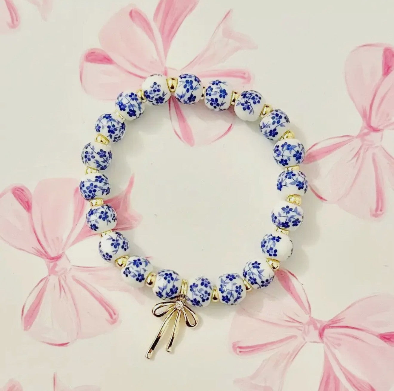 Floral Bow Charm Porcelain Blue Bracelet