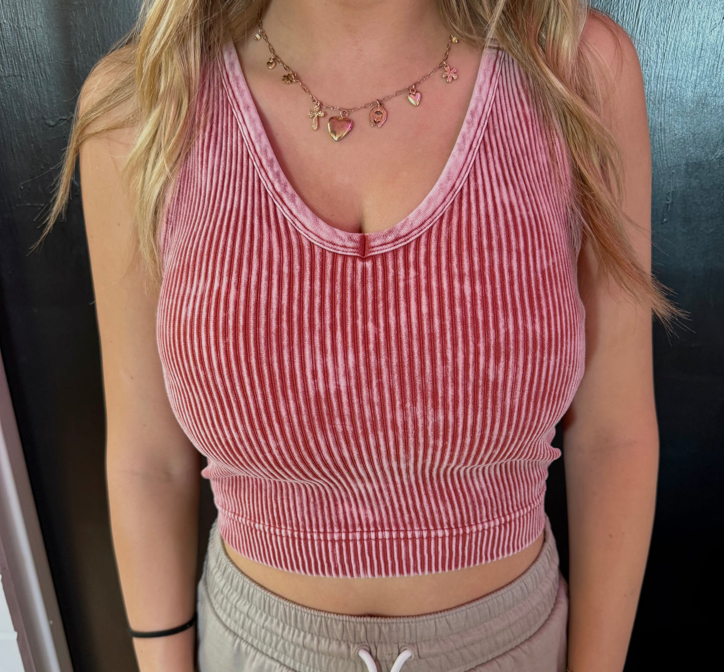 Washed Ribbed Seamless Bra Padded V-Neck Tank Top-Rust