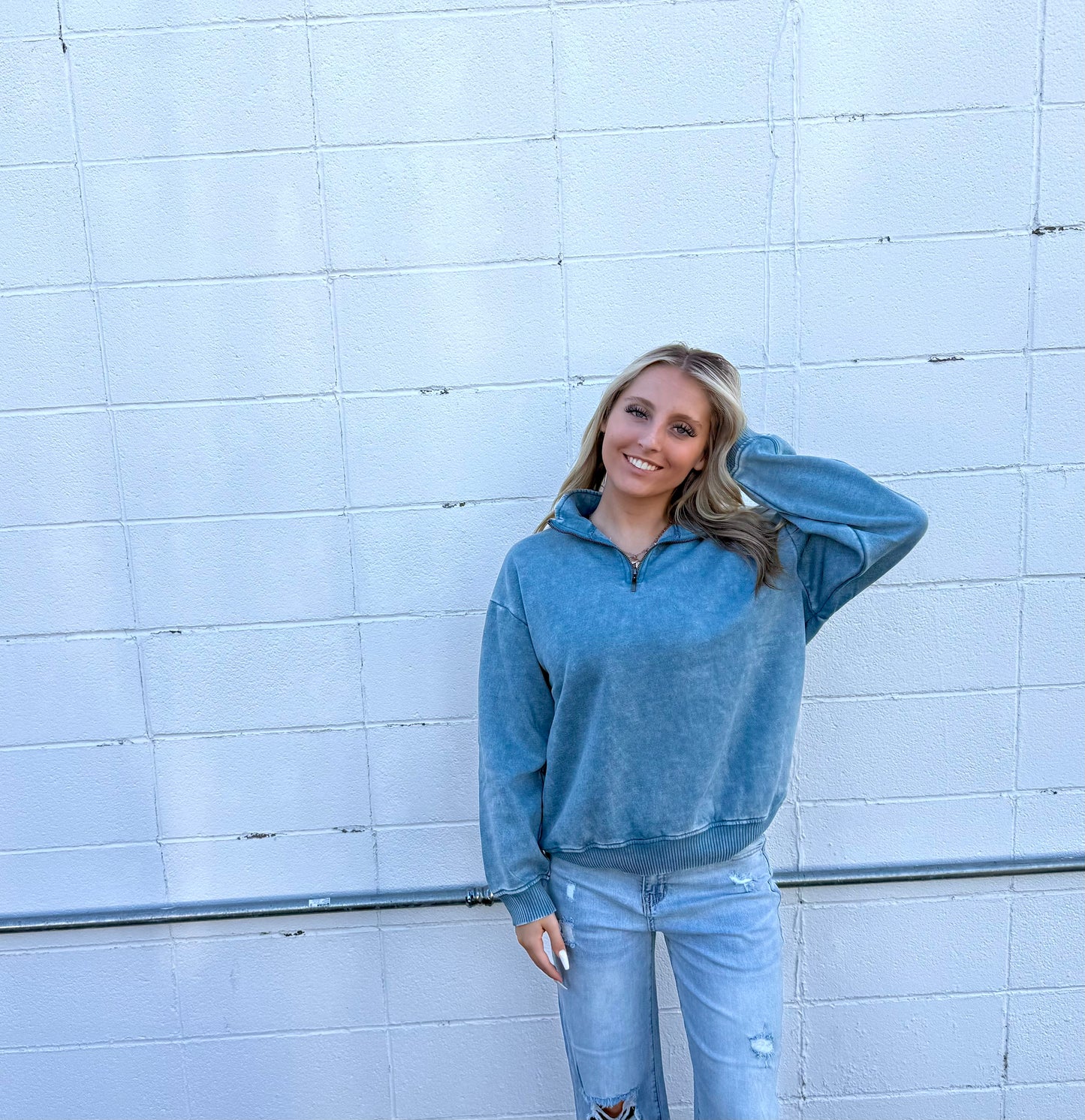 Fleece Acid Wash Half Zip Pullover-Blue Gray