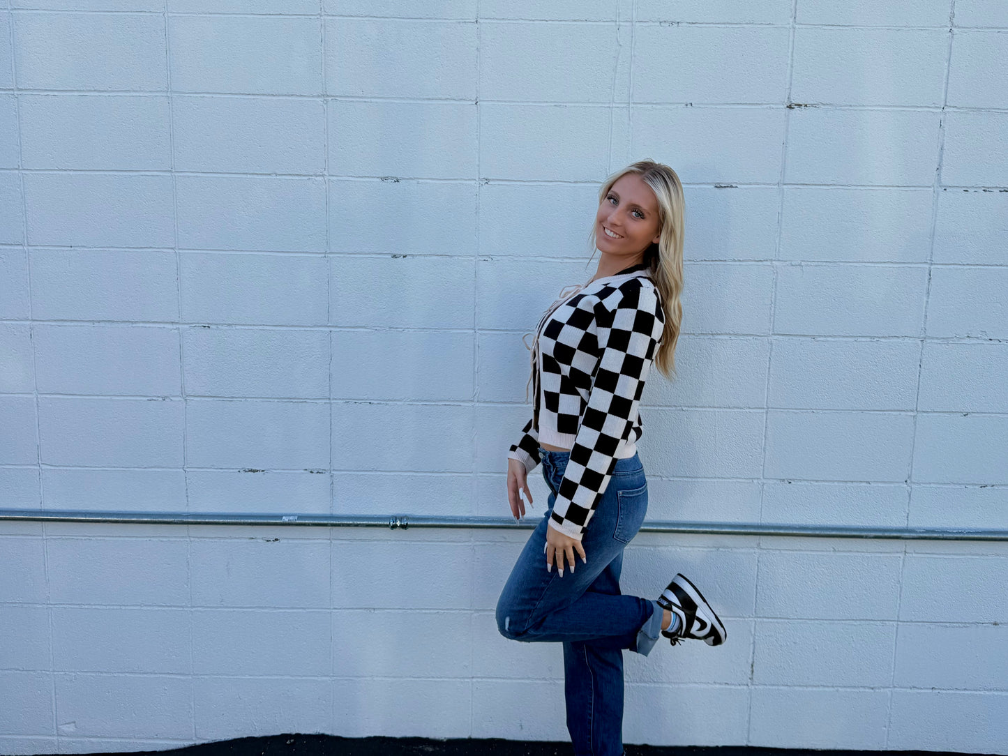 Tie Front Checkered Knitted Cardigan