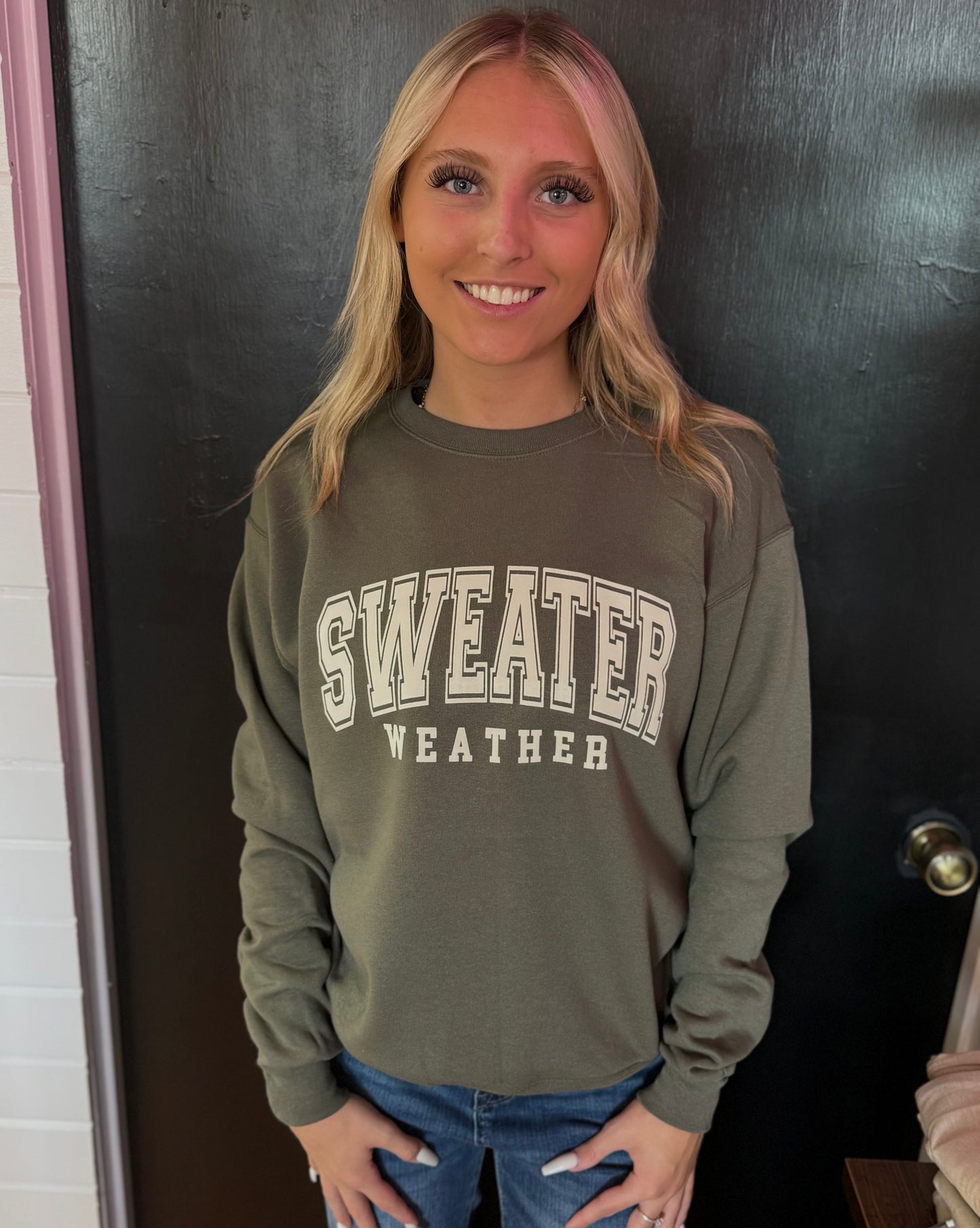 Sweater Weather Crew Neck Sweatshirt-Olive