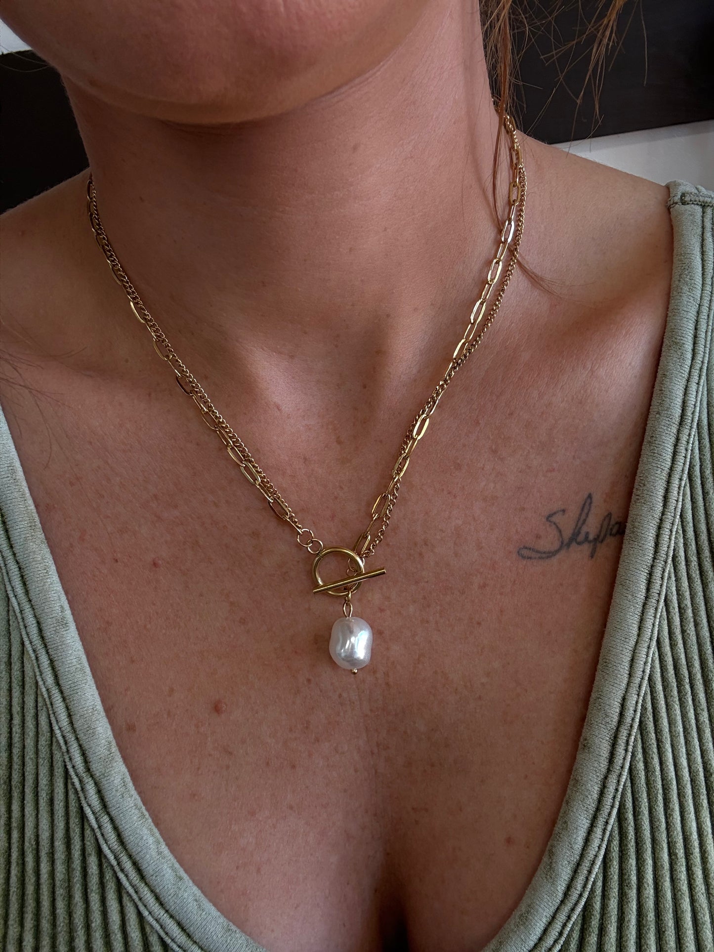 Titanium Steel Layered Necklace with Pearl