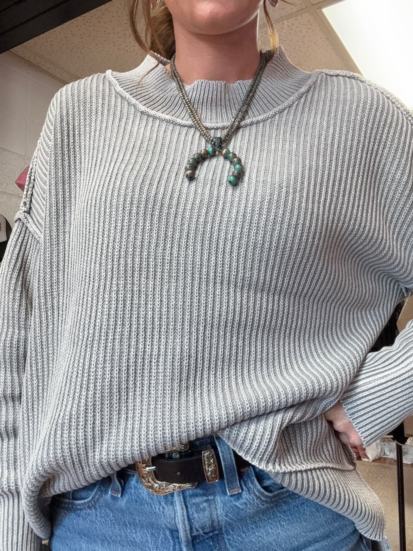 Washed Side Slit Oversized Sweater-Sleet