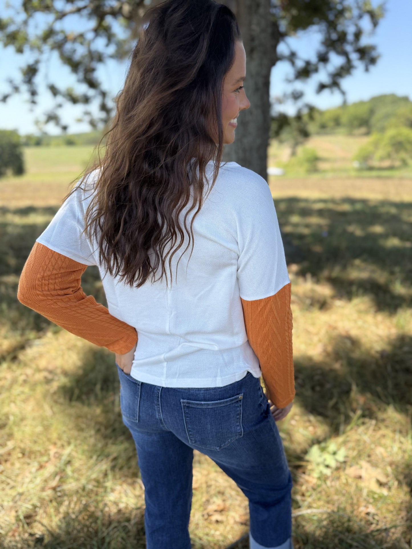 Long Sleeved Colorblock Pocket Textured Knit Top