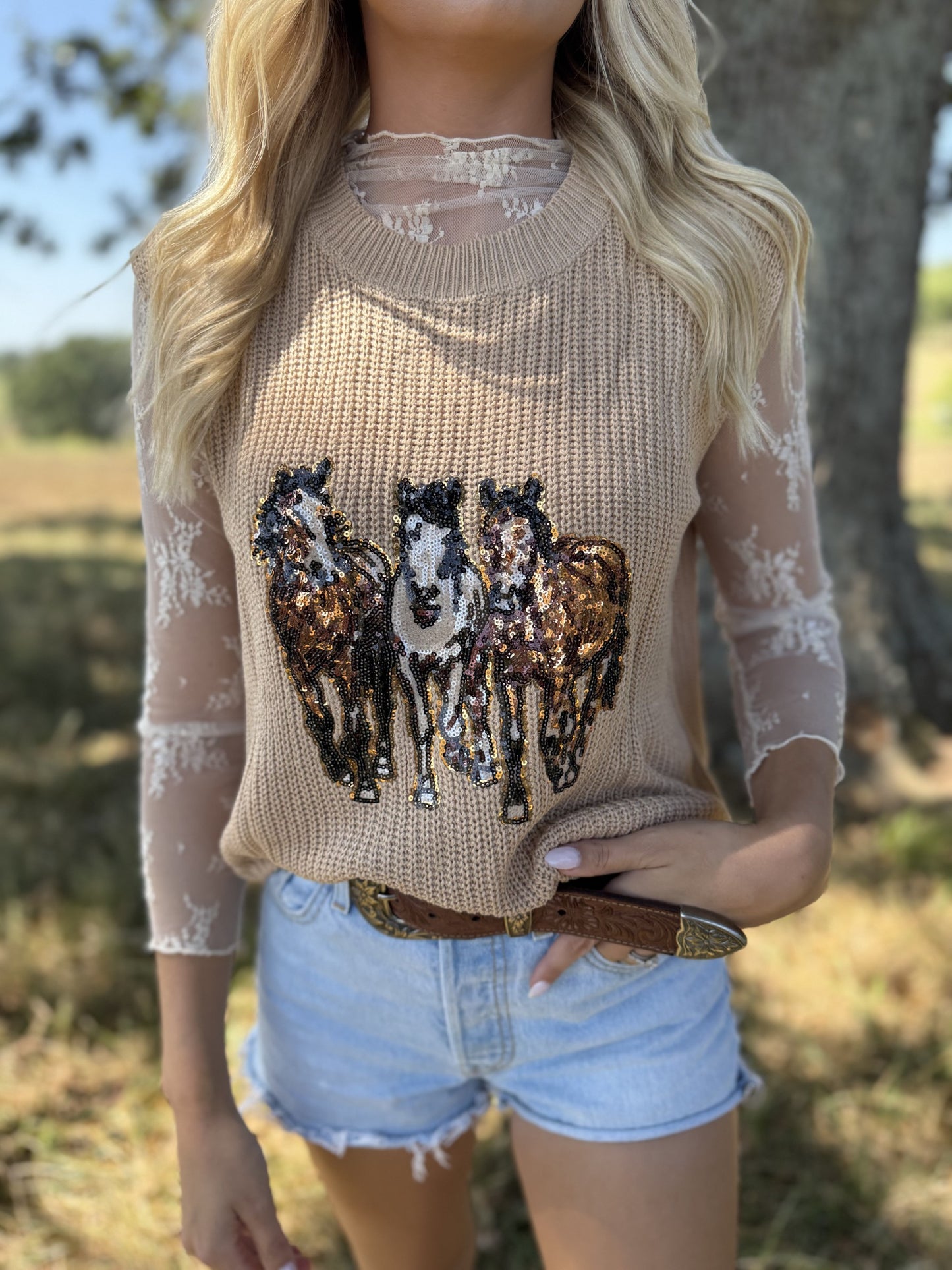 Sequin Horse Graphic Knitted Sweater Vest