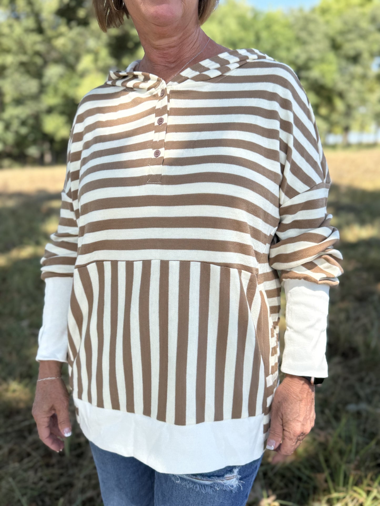 Stripe Quarter Button Hoodie - Curvy