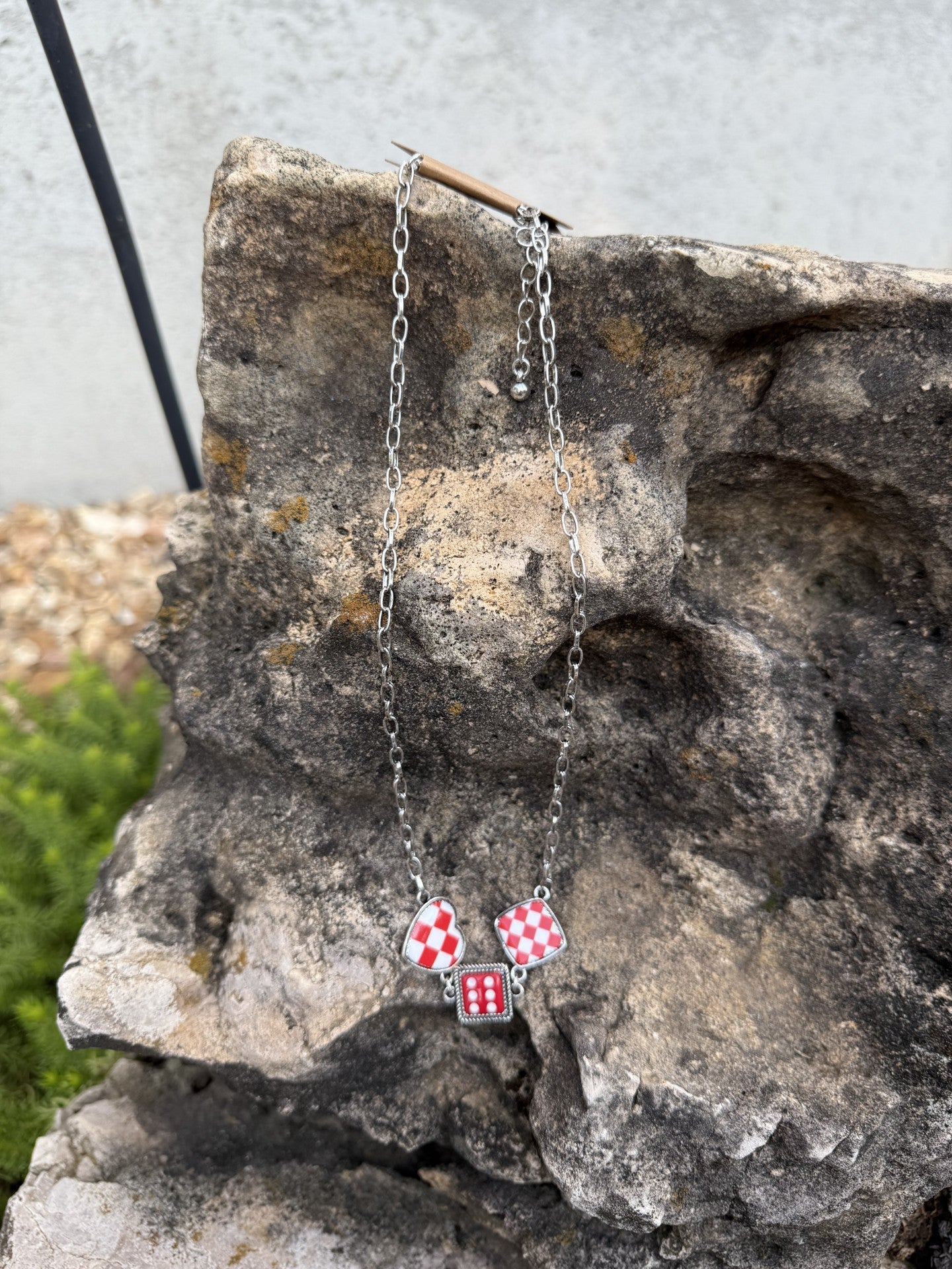 Western Card Theme Dice Necklace-Red Checker
