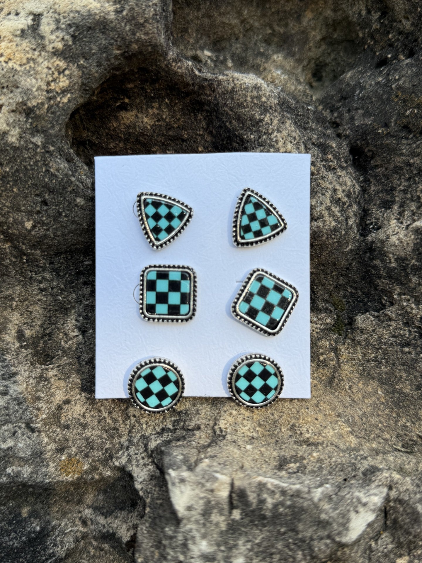 Western Checker Shape Post Combo Earrings Set- Turquoise