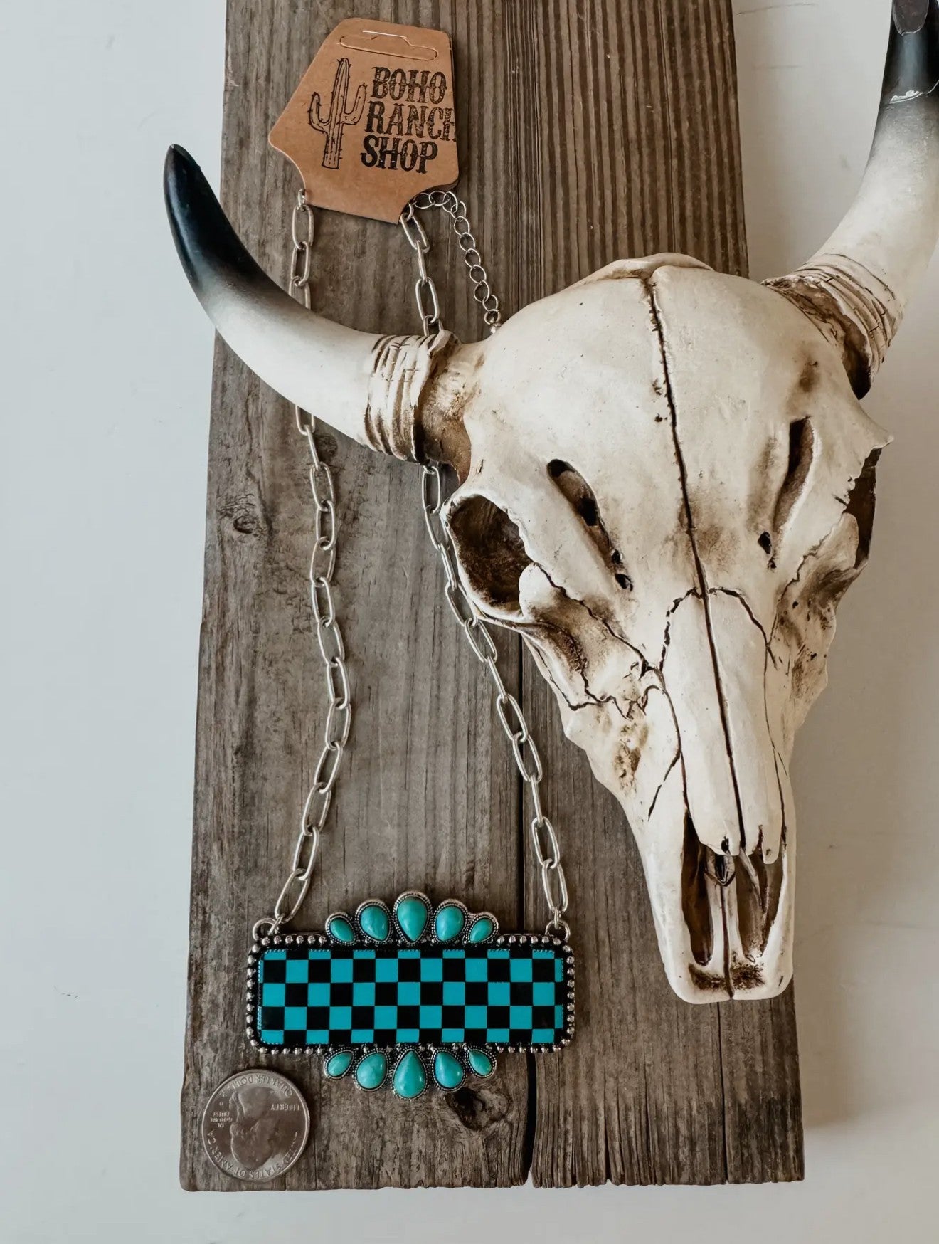 Western Checkered Rectangle Pendant Necklace-Black/Turquoise