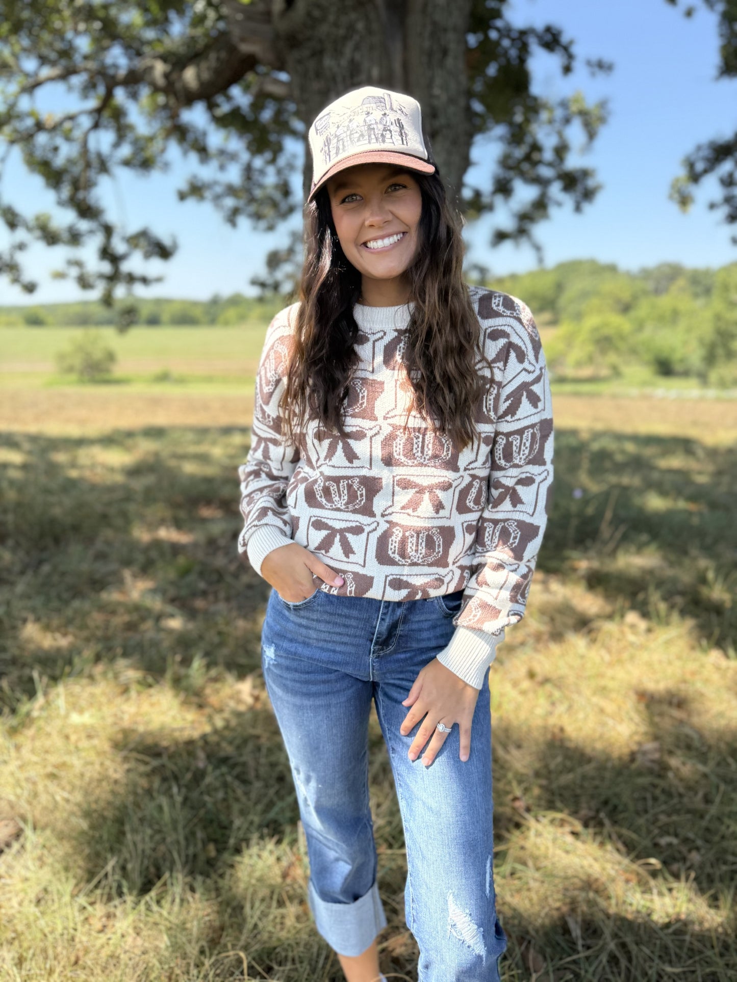 Western Fashion Patterned Loose Sweater-Brown