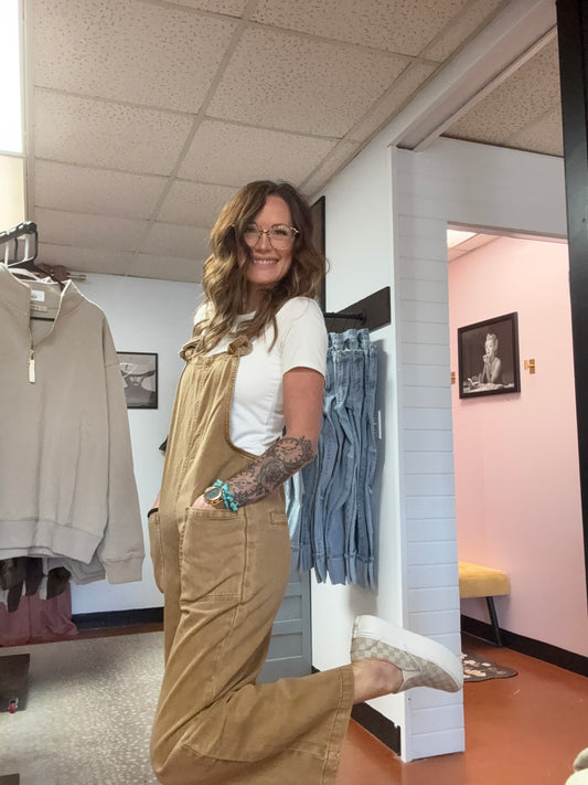 Washed Knot Strap Pockets Jumpsuit- Deep Camel