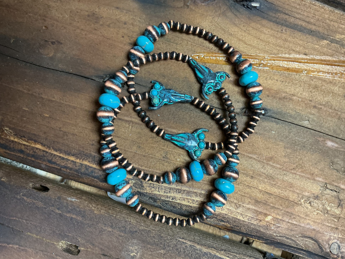 3 Layer Navajo Pearl and Stone Stretch Bracelet- Patina Turquoise