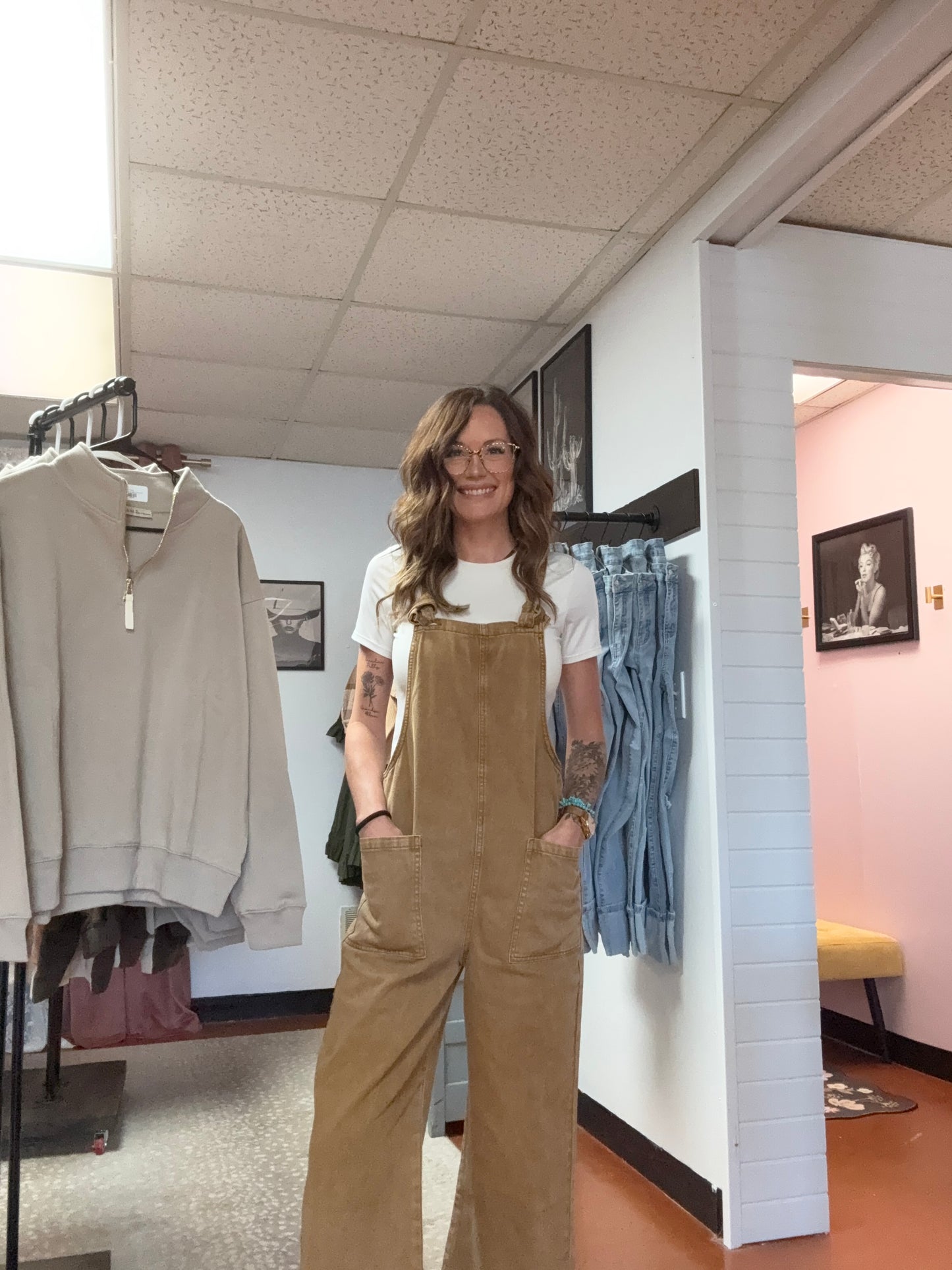 Washed Knot Strap Pockets Jumpsuit- Deep Camel