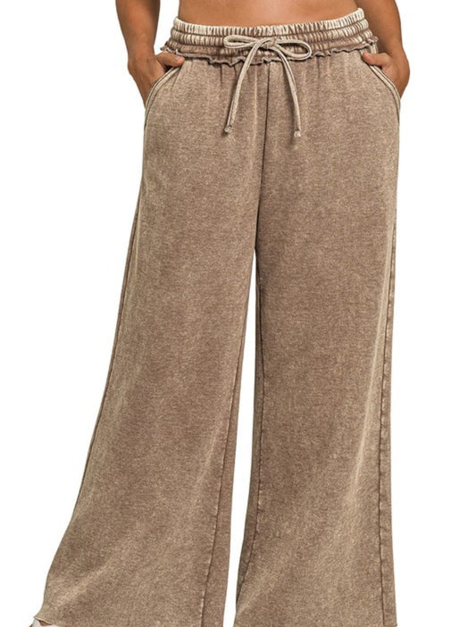 Acid Wash Fleece Palazzo Sweatpants-Mocha-Curvy