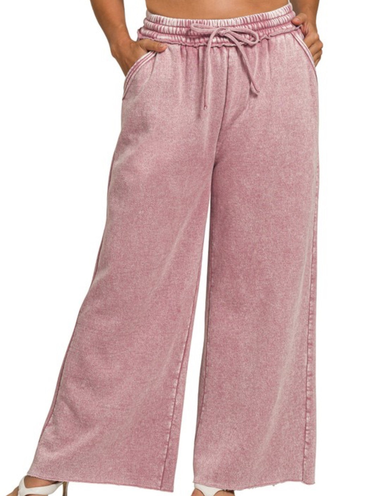 Acid Wash Fleece Palazzo Sweatpants-Lt Rose-Curvy