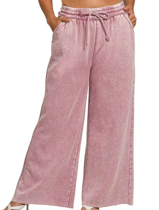 Acid Wash Fleece Palazzo Sweatpants-Lt Rose-Curvy