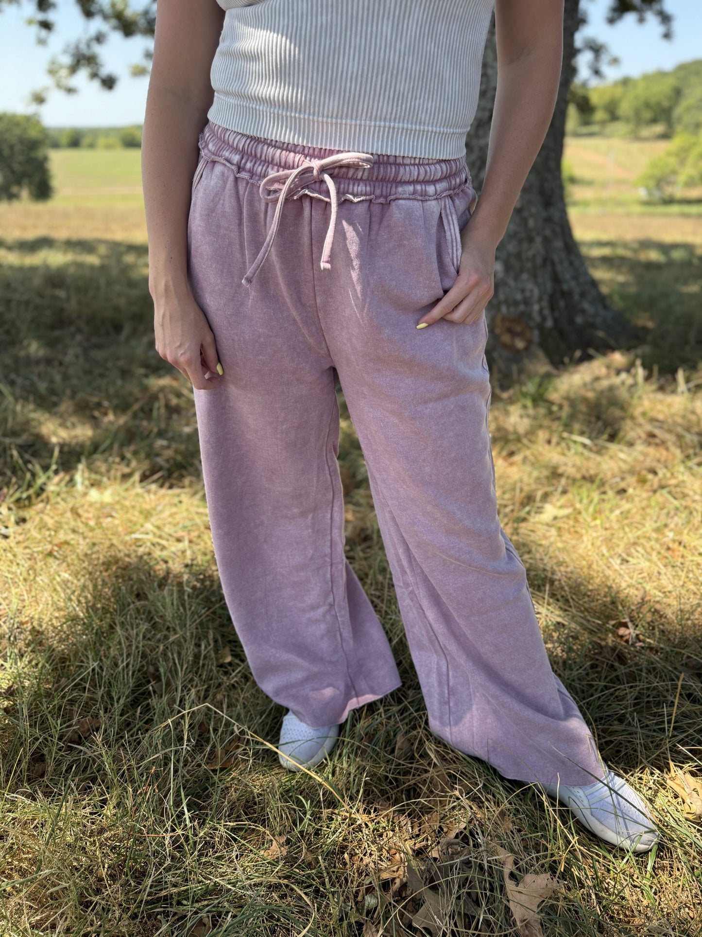 Acid Wash Fleece Sweatpants-LT Rose