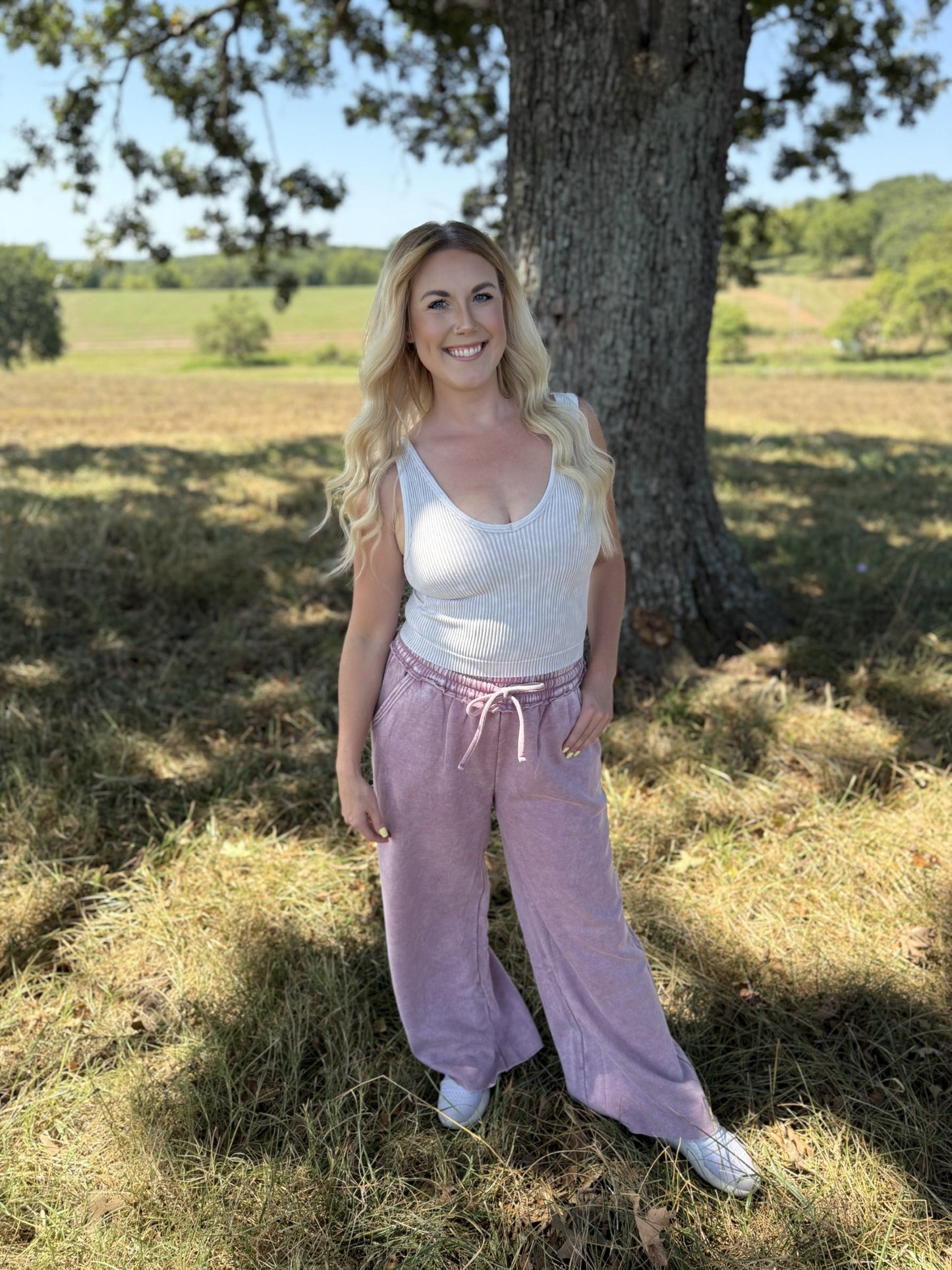 Acid Wash Fleece Sweatpants-LT Rose