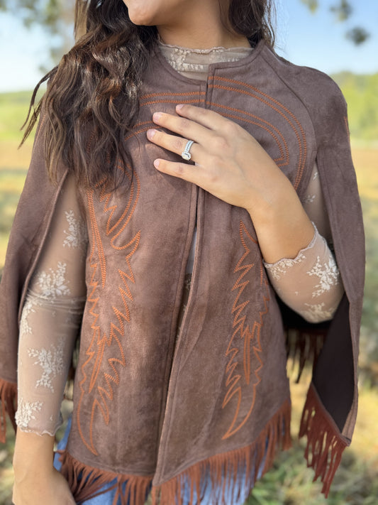Brown Suede Boot Stitch Embroidered Fringe Suede Cape
