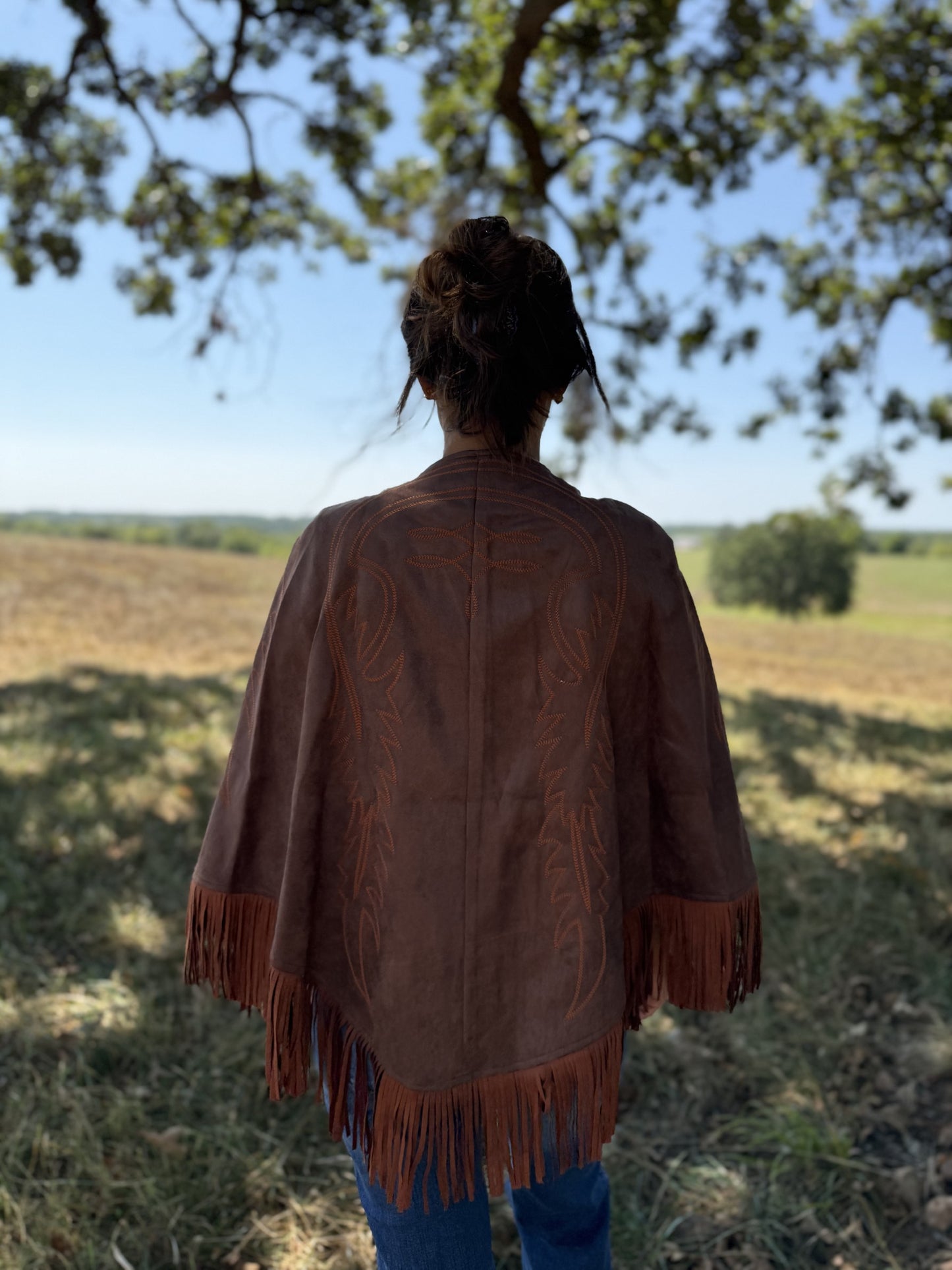 Brown Suede Boot Stitch Embroidered Fringe Suede Cape