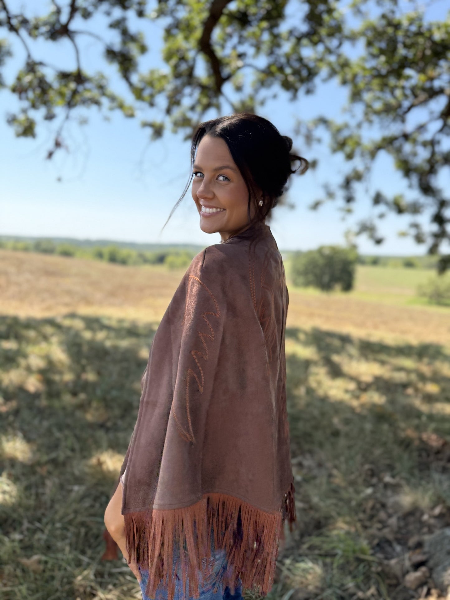 Brown Suede Boot Stitch Embroidered Fringe Suede Cape