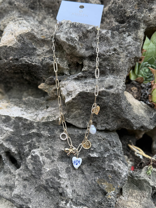 Ceramic Porcelain Bow Heart Charm Link Necklace