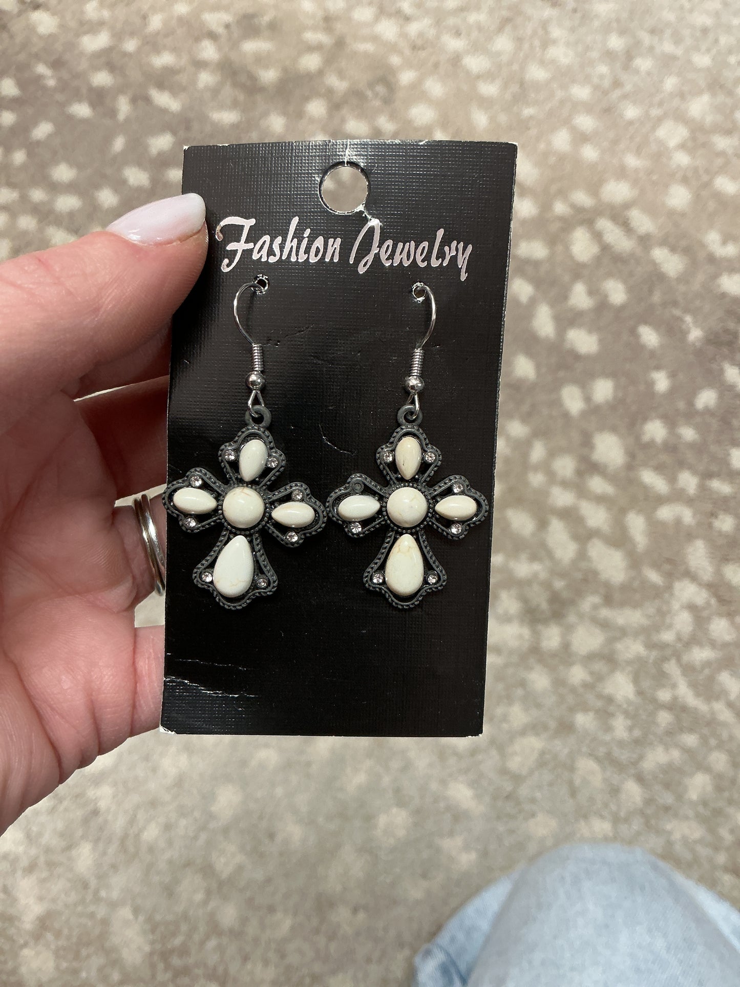 White Stone Cross Earrings