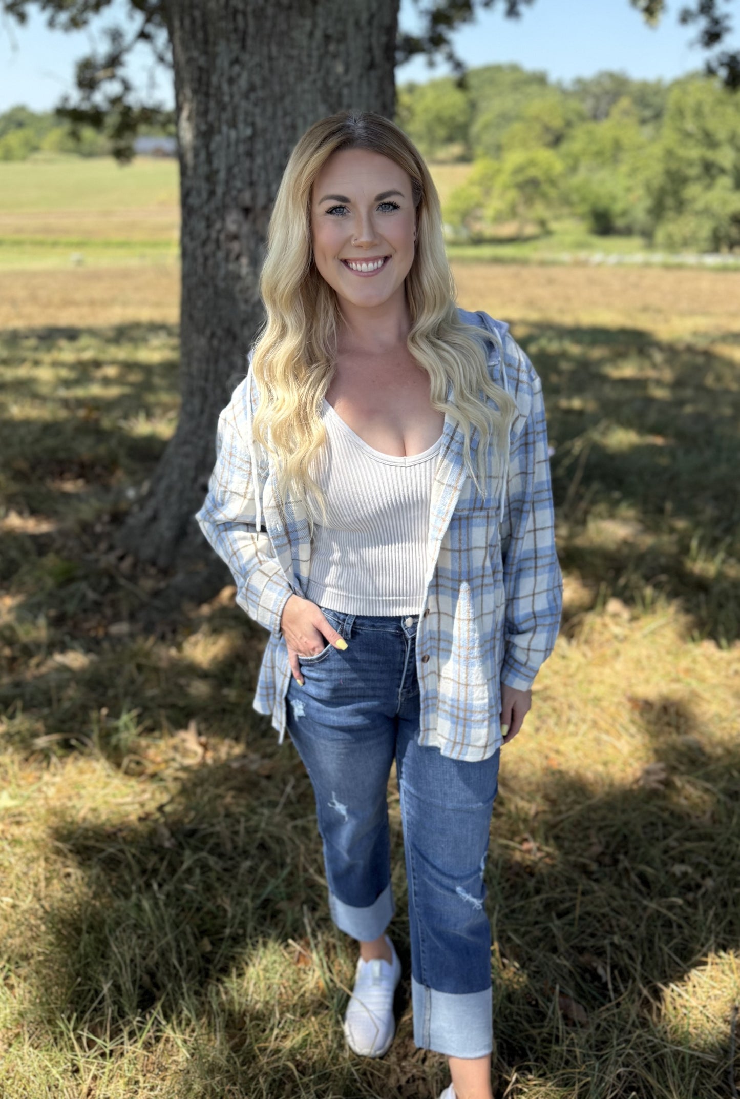 Drawstring Plaid Hooded Shirt Jacket