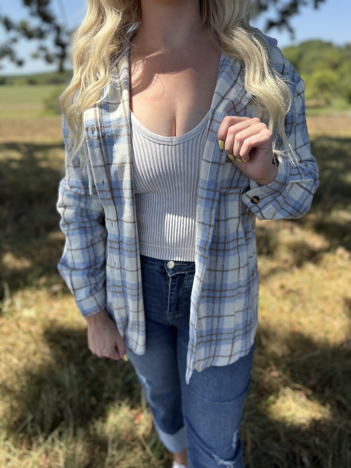 Drawstring Plaid Hooded Shirt Jacket