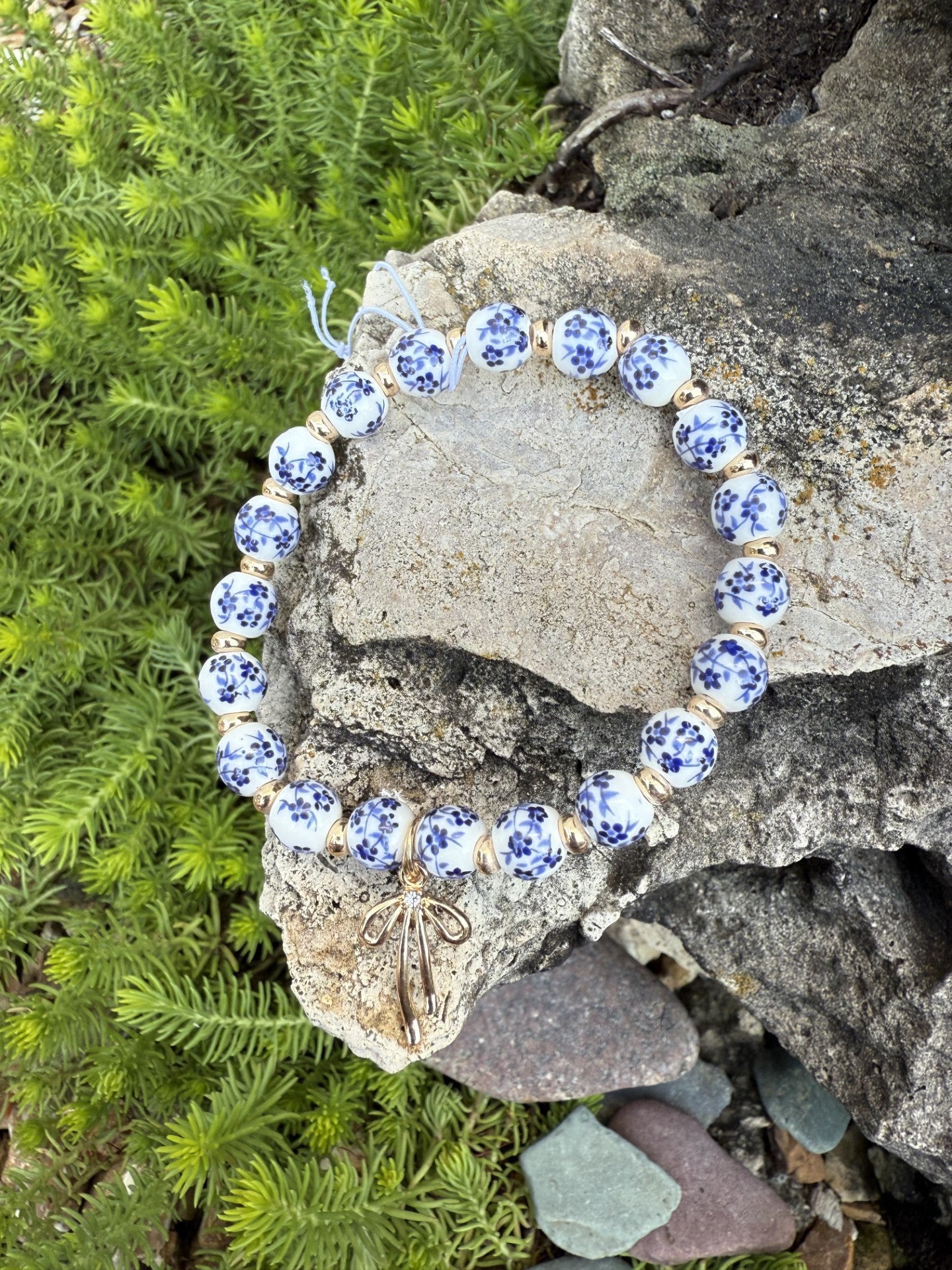 Floral Bow Charm Porcelain Blue Bracelet