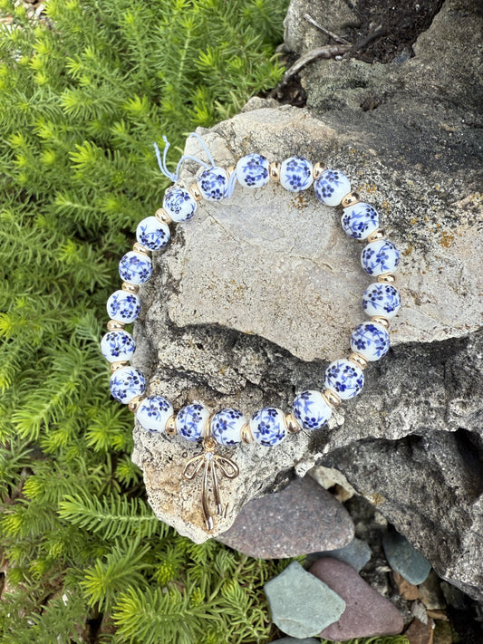Floral Bow Charm Porcelain Blue Bracelet