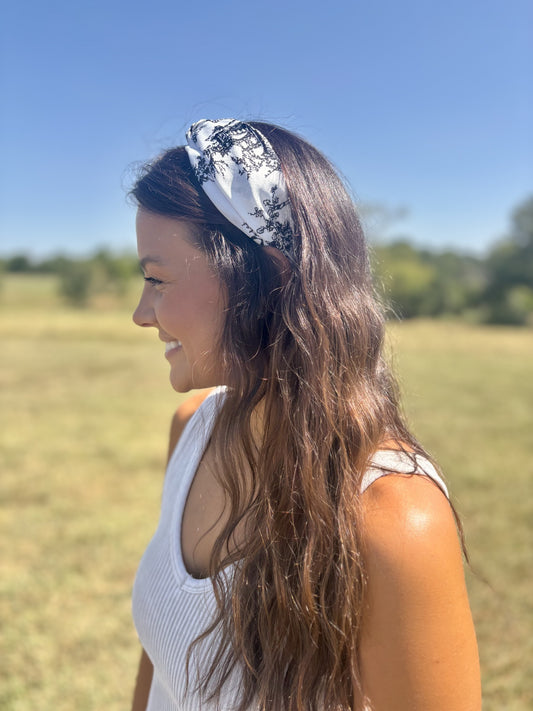 Floral Toile Pattern Vintage Hair Band- Black