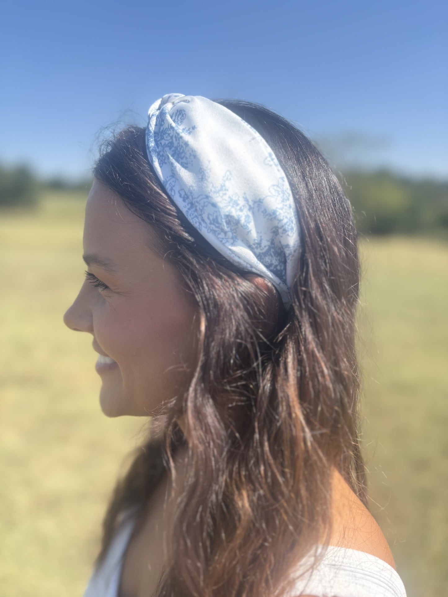 Floral Toile Pattern Vintage Hair Band- Blue