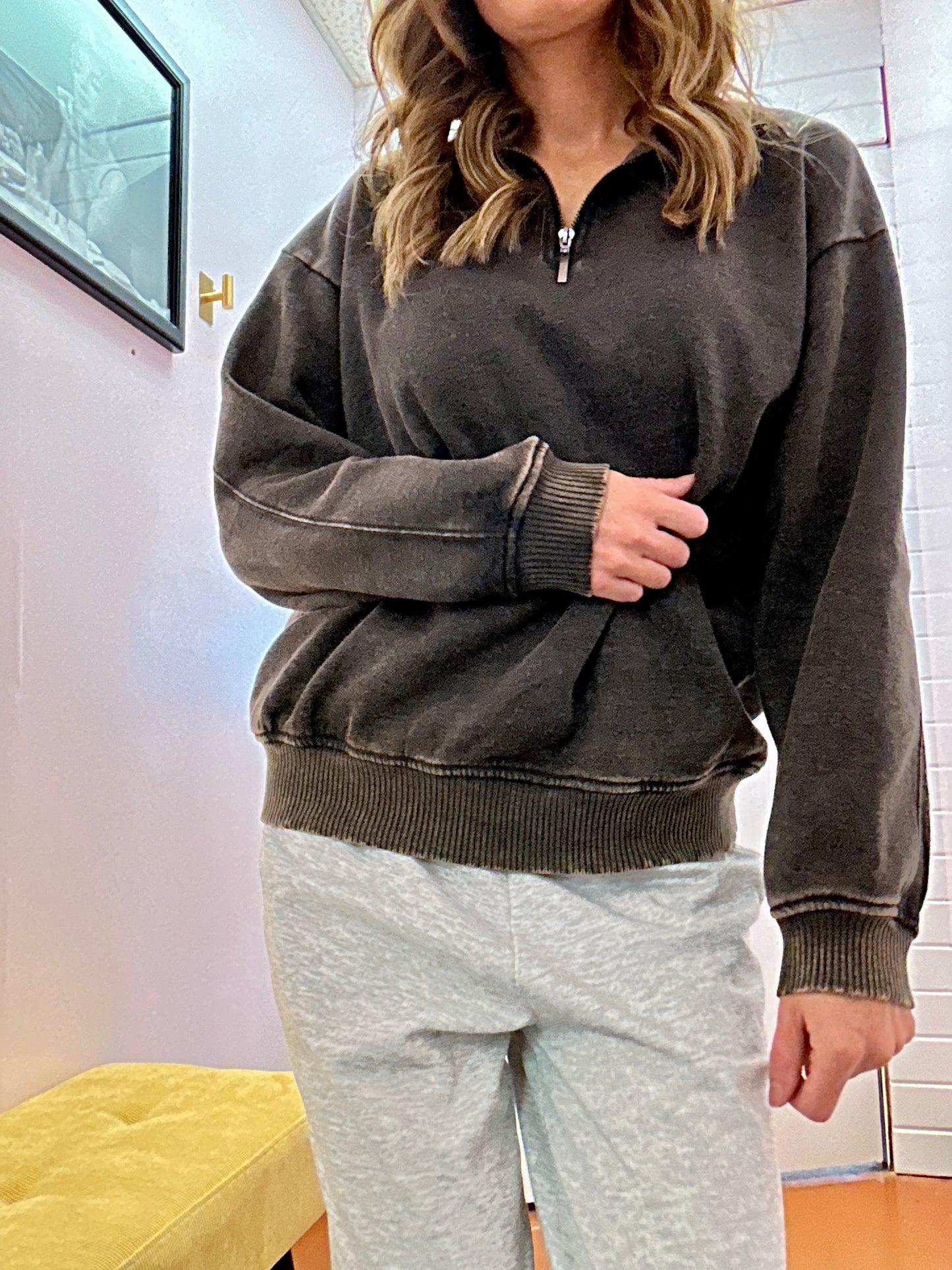 Fleece Acid Wash Half Zip Pullover- Ash Black