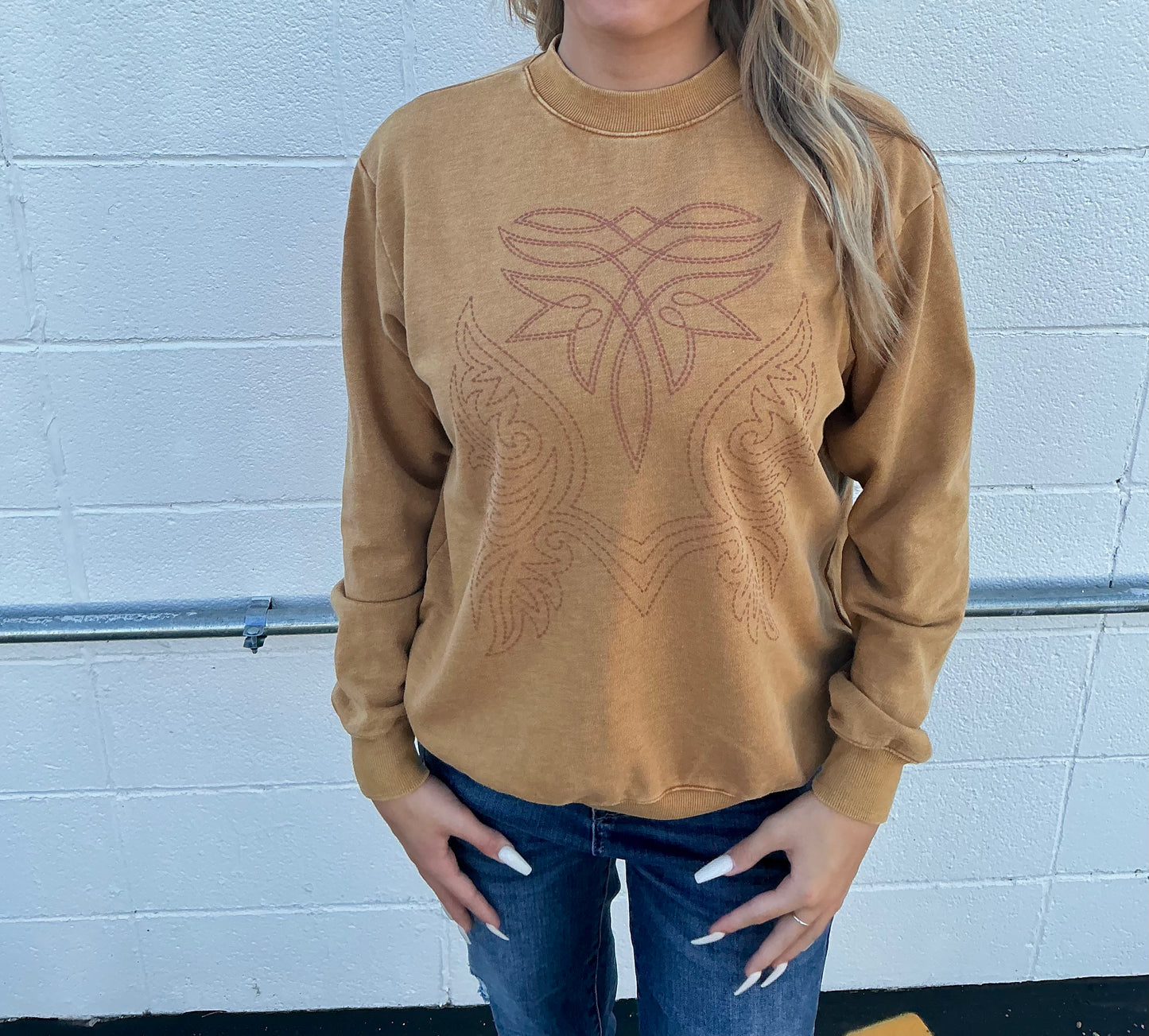 Western Cowboy Boot Stitch Graphic Sweatshirt- Deep Camel