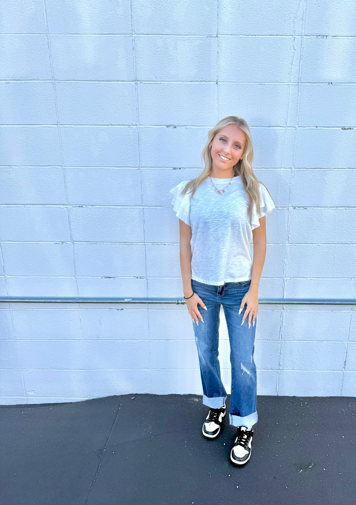 Layer Ruffle Short Sleeve Top-White