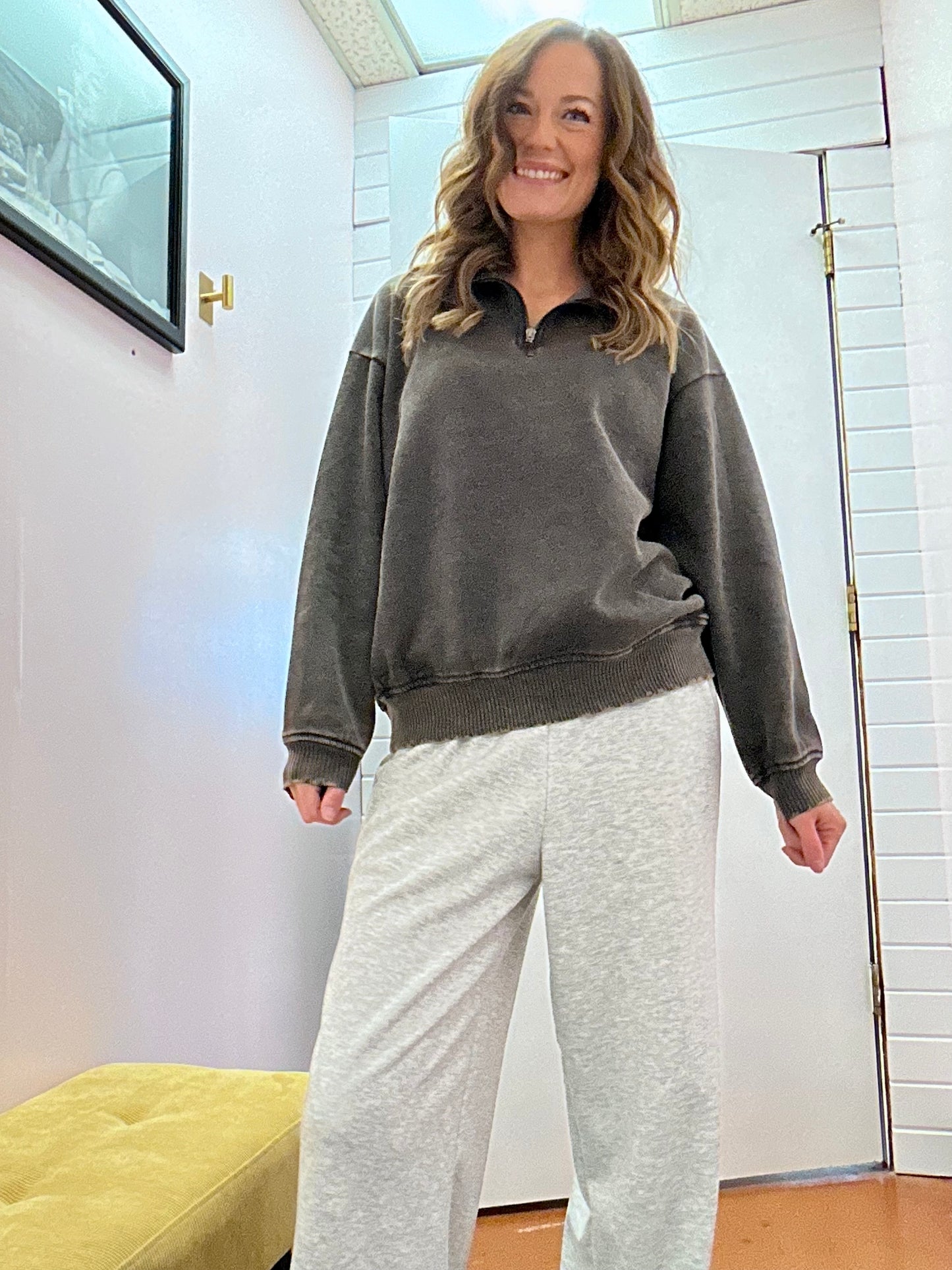 Fleece Acid Wash Half Zip Pullover- Ash Black