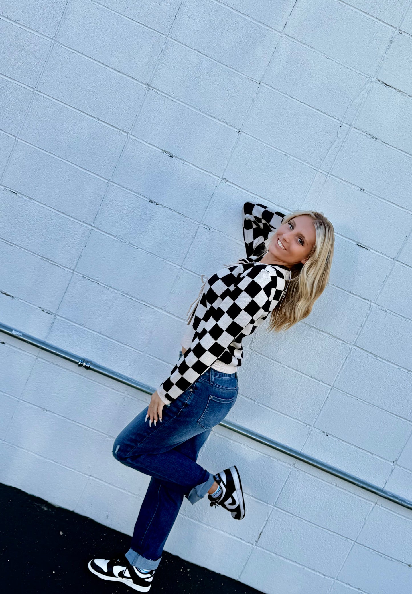 Tie Front Checkered Knitted Cardigan