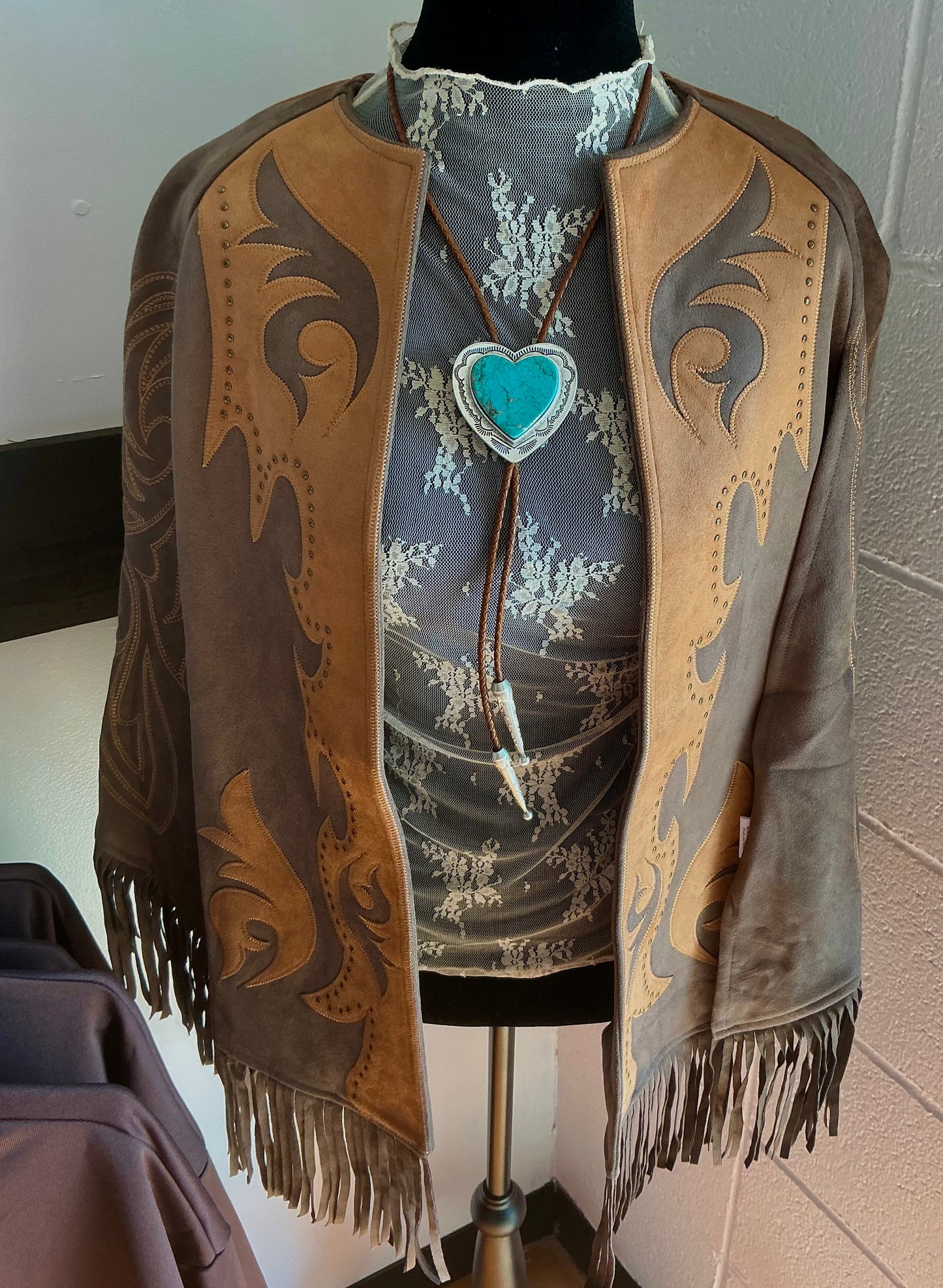 Dark Brown Studded Mocha Patch Fringe Cape