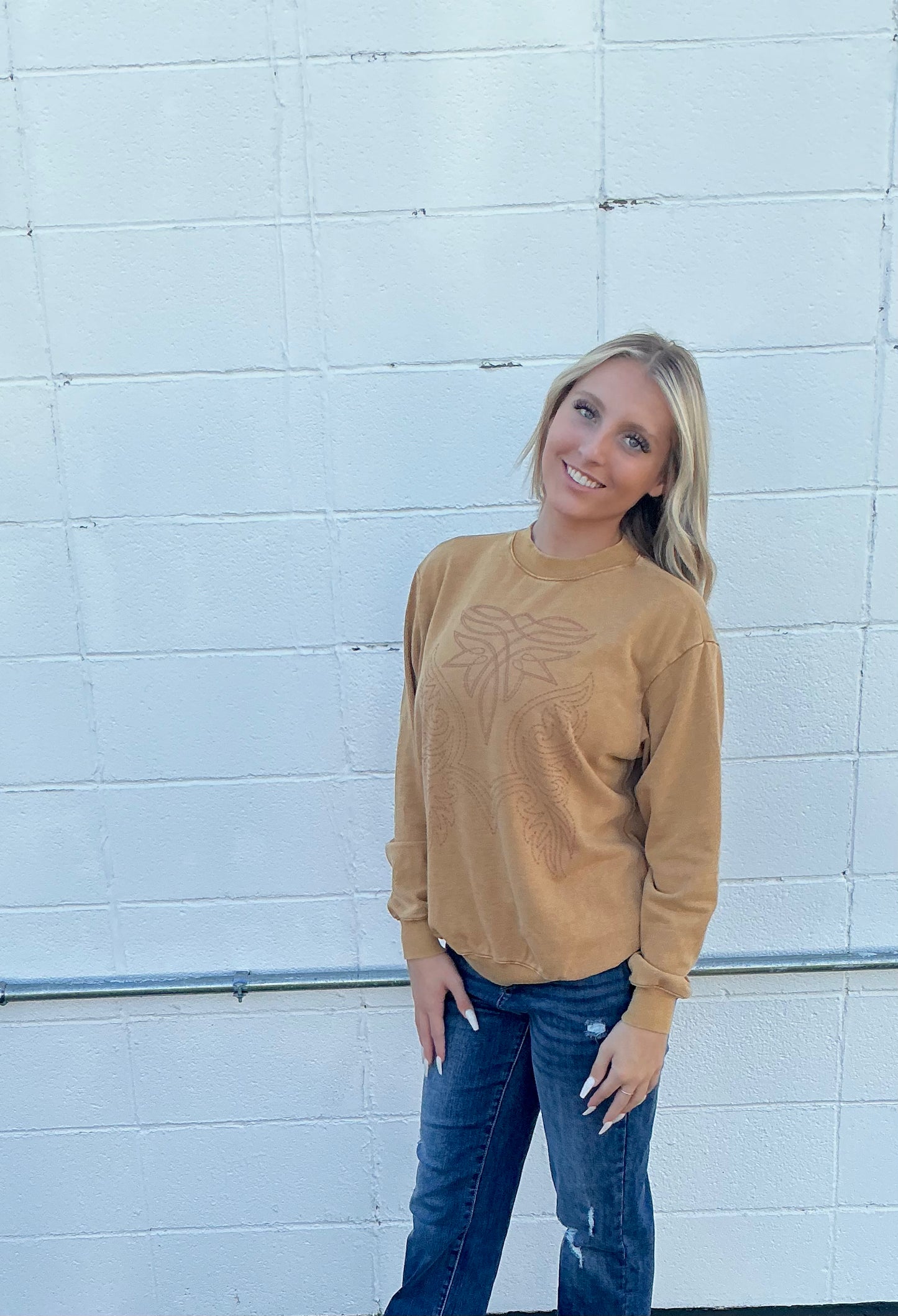 Western Cowboy Boot Stitch Graphic Sweatshirt- Deep Camel