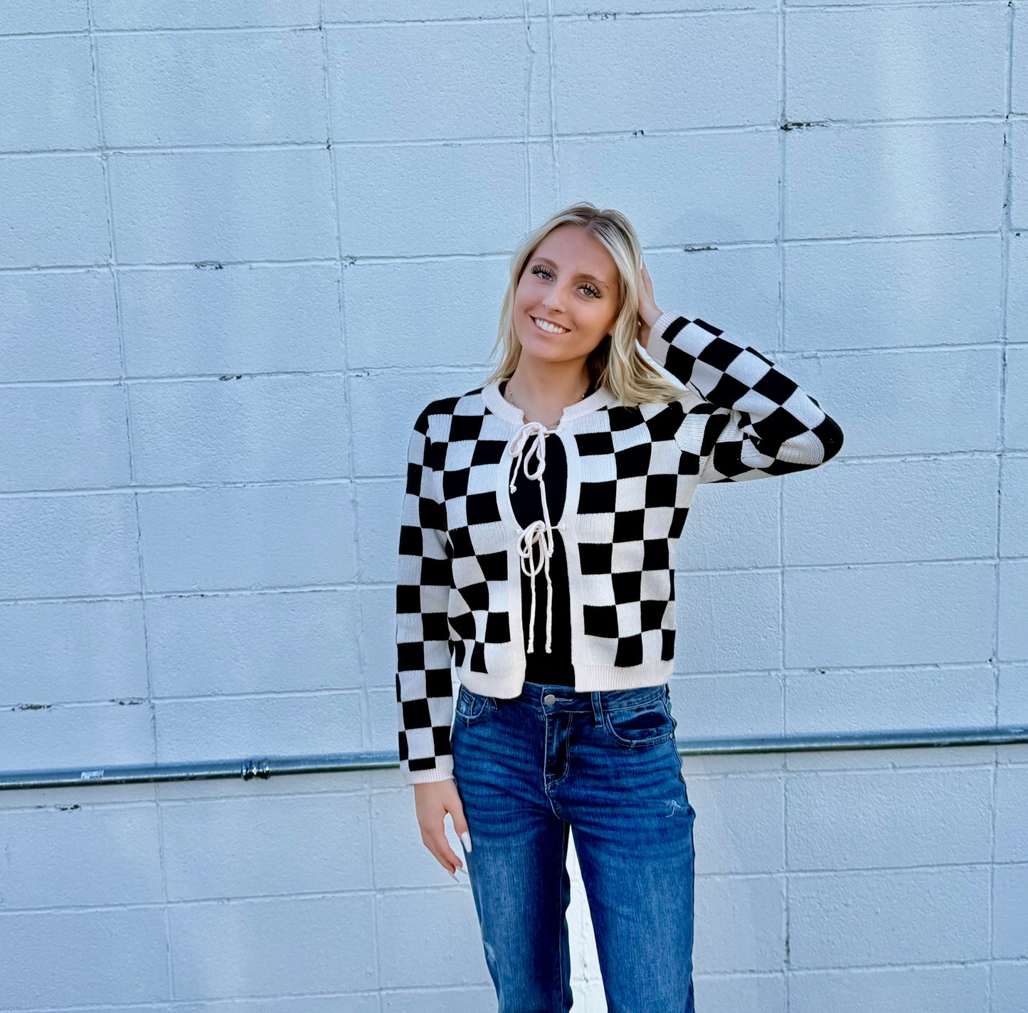 Tie Front Checkered Knitted Cardigan