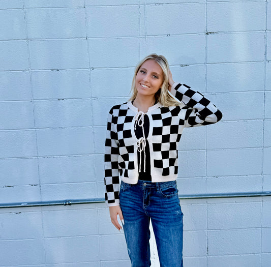 Tie Front Checkered Knitted Cardigan