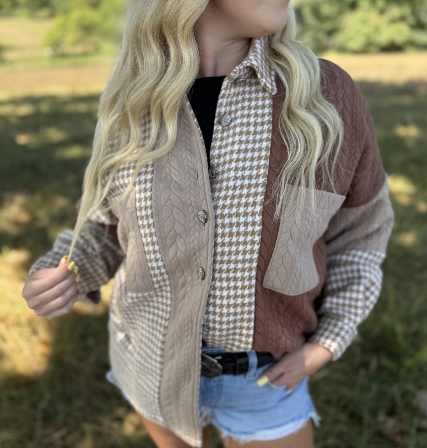 Houndstooth Cable Knit Patchwork Shacket