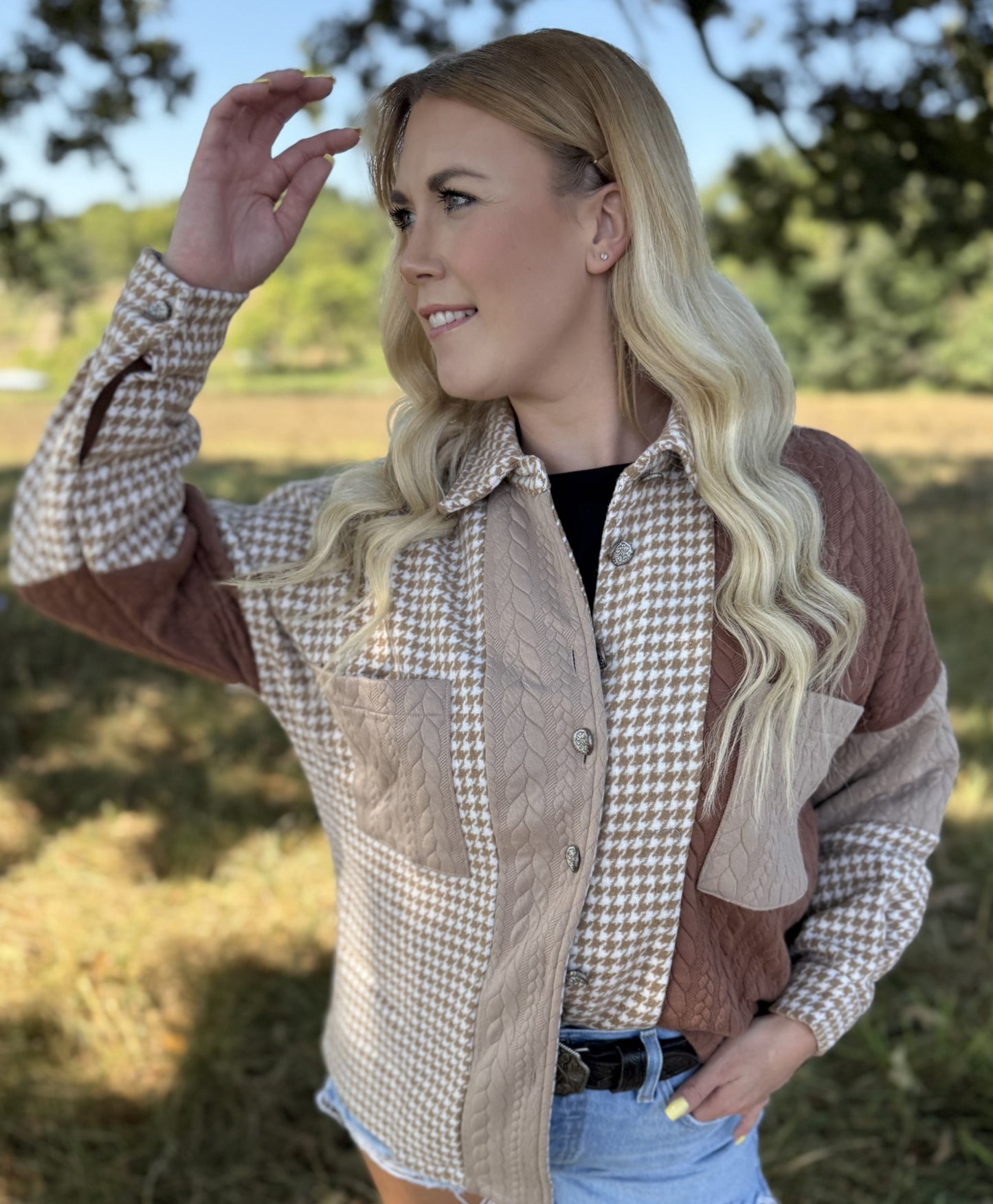 Houndstooth Cable Knit Patchwork Shacket