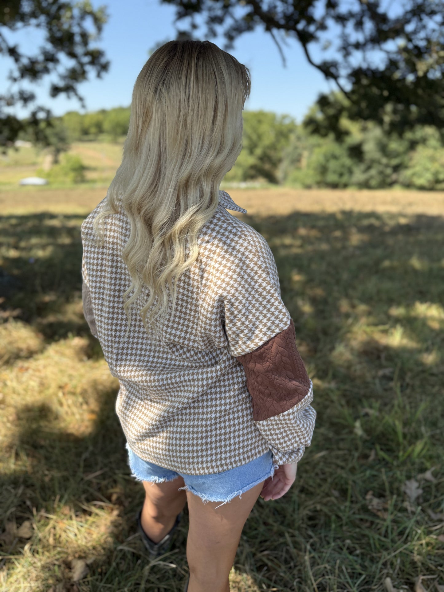 Houndstooth Cable Knit Patchwork Shacket