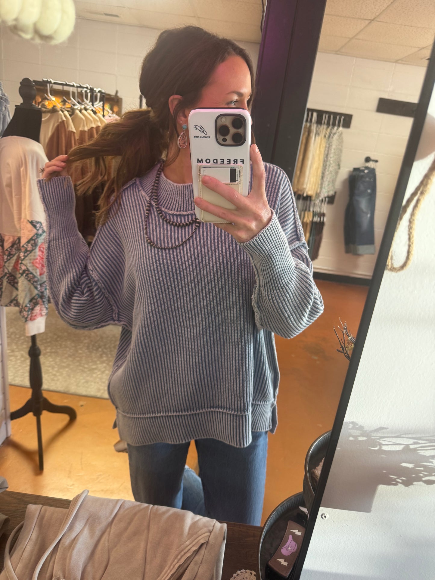 Washed Side Slit Oversized Sweater-Dusty Blue