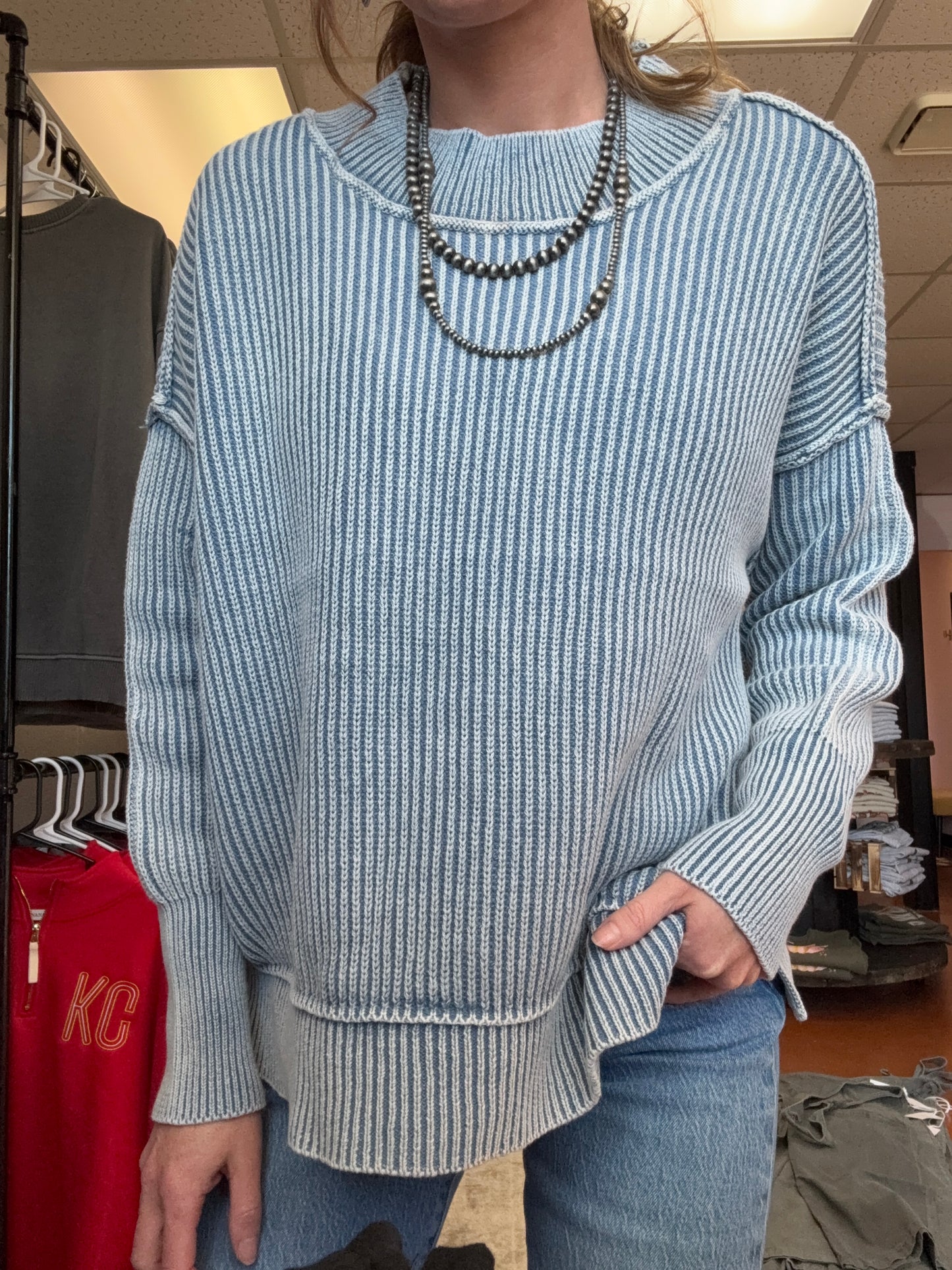 Washed Side Slit Oversized Sweater-Dusty Blue