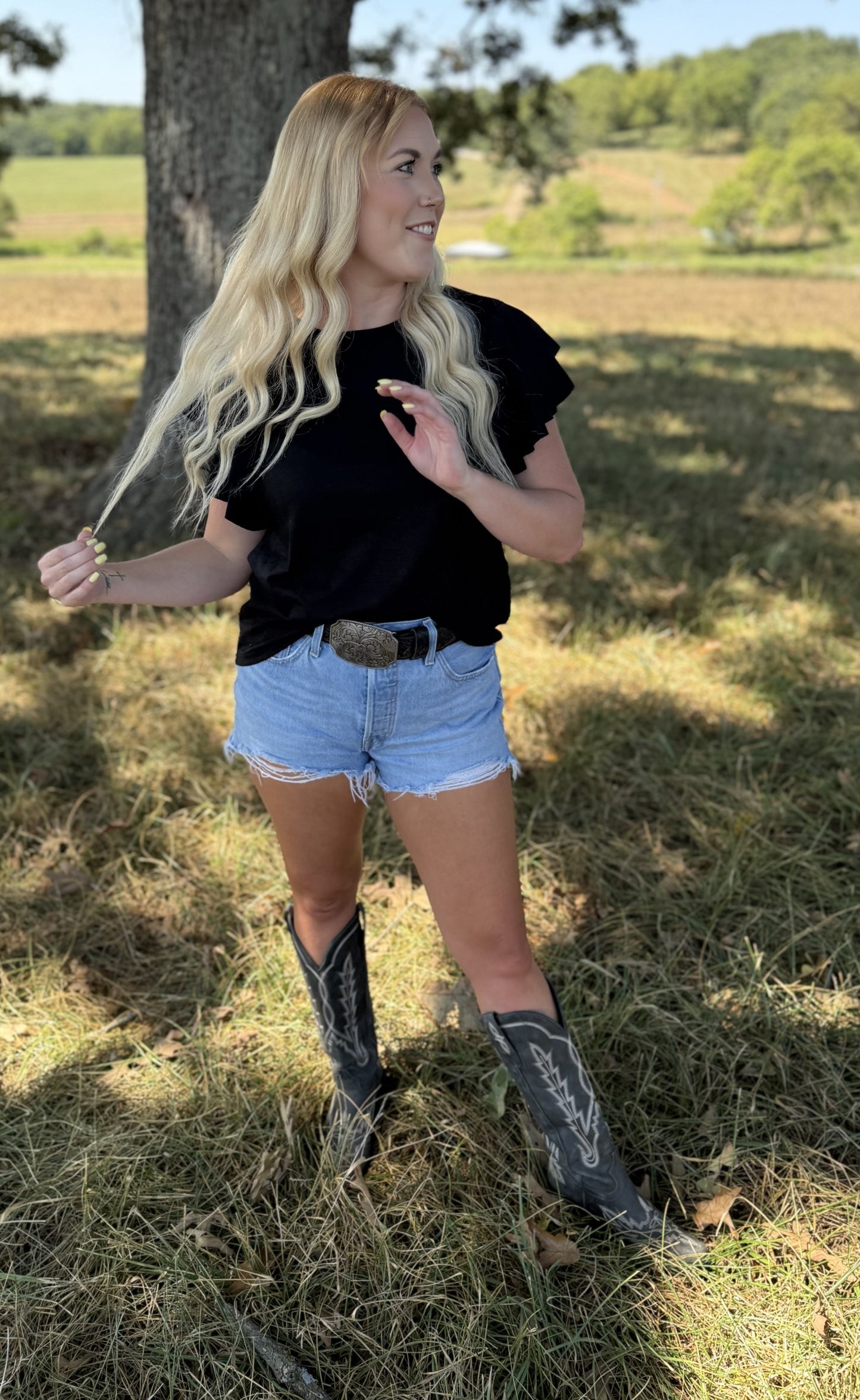 Layer Ruffle Short Sleeve Top-Black