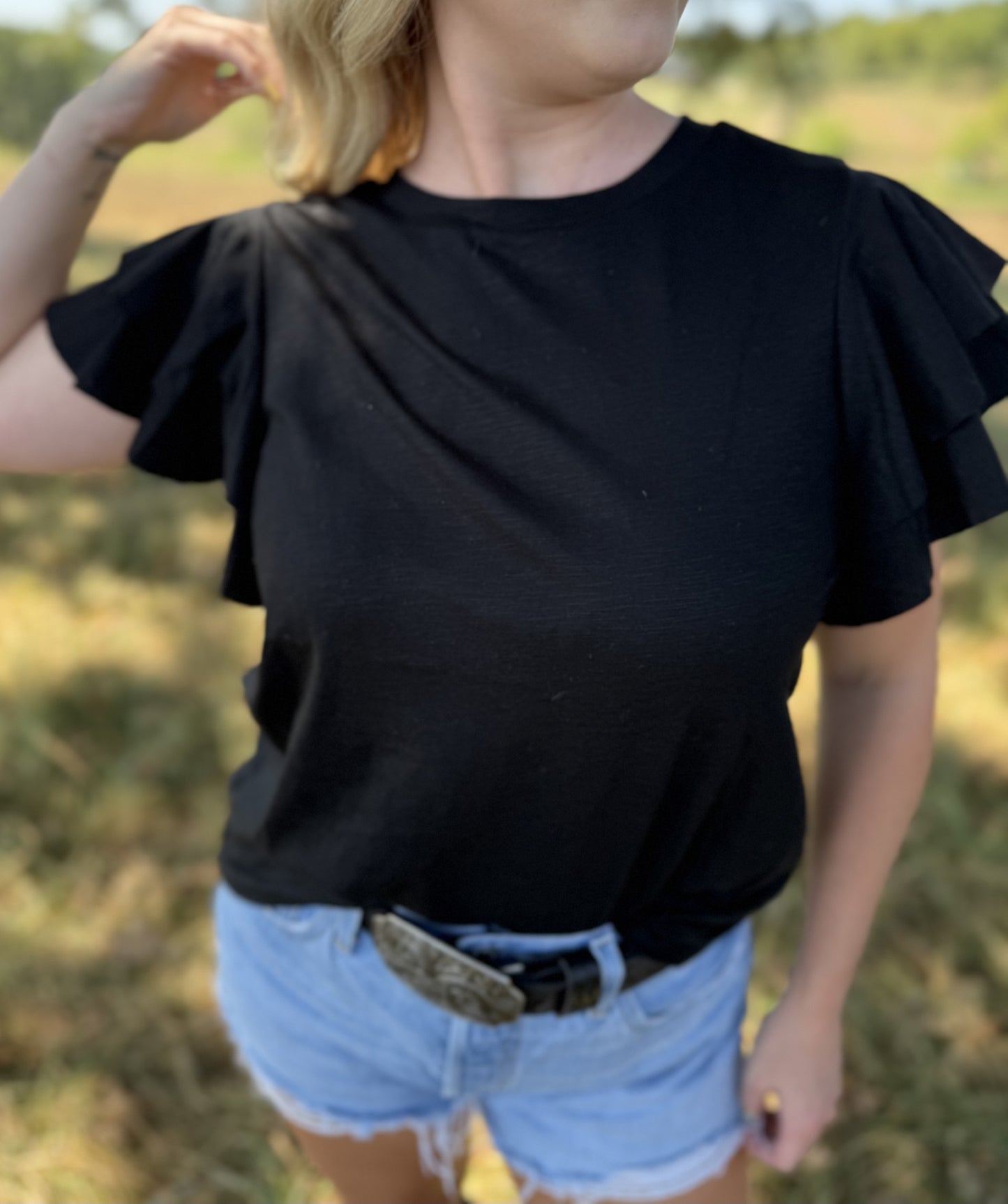 Layer Ruffle Short Sleeve Top-Black